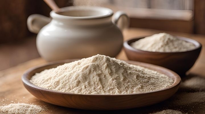 Bu görselde, vital buğday gluteni toz halindeki yapısı ve doğal formu net bir şekilde görülmektedir. Vital buğday gluteni, buğdaydan elde edilen, yüksek protein içeriğine sahip bir üründür. Ekmek, pasta ve diğer unlu mamullerin yapımında kıvam artırıcı ve esneklik sağlayıcı olarak kullanılır. Aynı zamanda vegan ve vejetaryen beslenmede protein kaynağı olarak da tercih edilir. Vital gluten, hamurun mayalanma sürecini destekler, ürünlerin daha kabarık ve lezzetli olmasını sağlar. Doğal ve fonksiyonel bir katkı maddesi olarak gıda endüstrisinin vazgeçilmez bir parçasıdır.